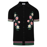 Cardigan noir pour homme en maille avec broderie florale et bords rayés