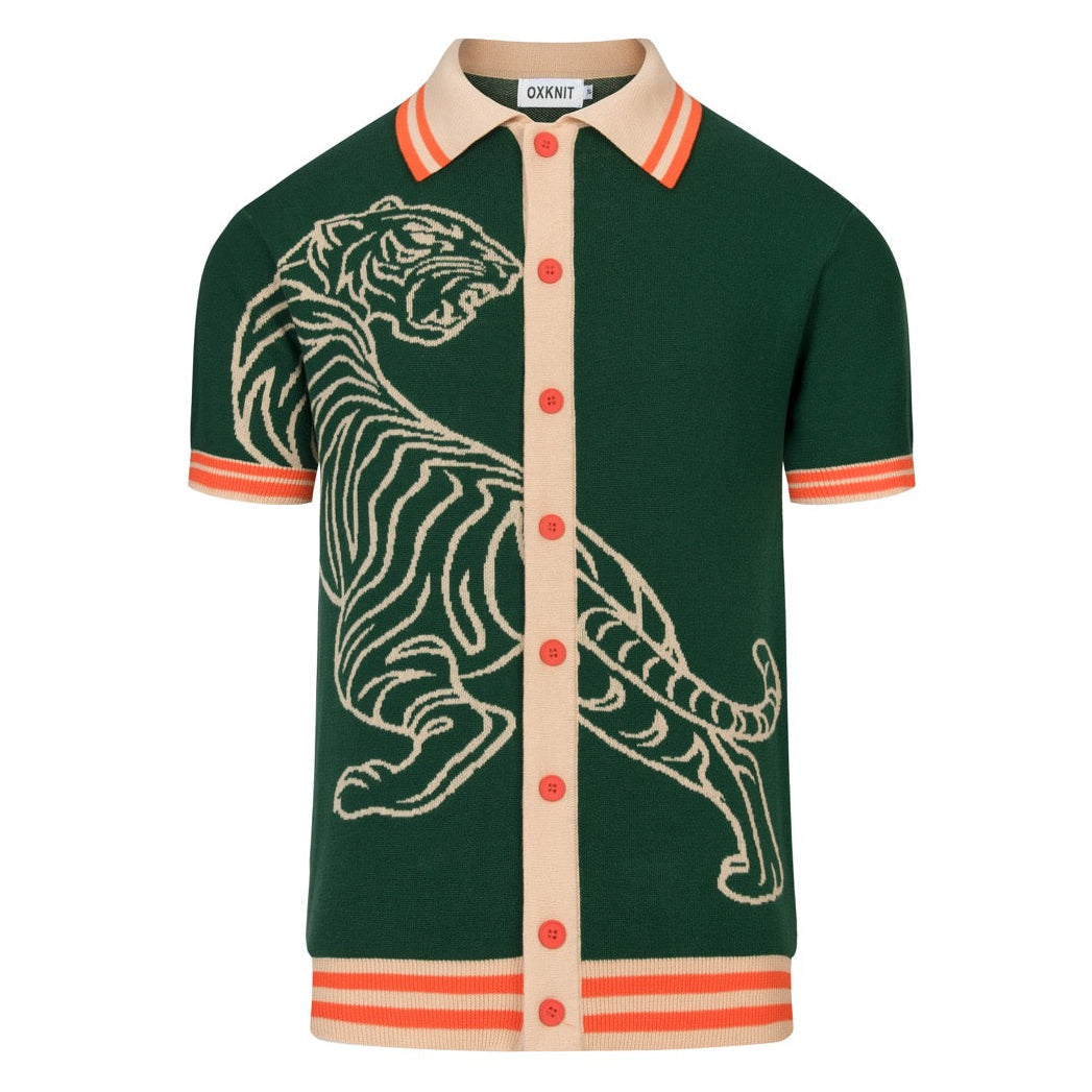 Cardigan en jacquard vert rétro de luxe pour homme avec motif de tigre