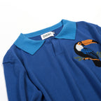 Pull Vintage Bleu pour Homme à Col en V, Tricoté avec Broderie Animale