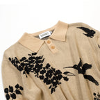 Pull rétro kaki pour homme avec motif d'oiseau et de plante