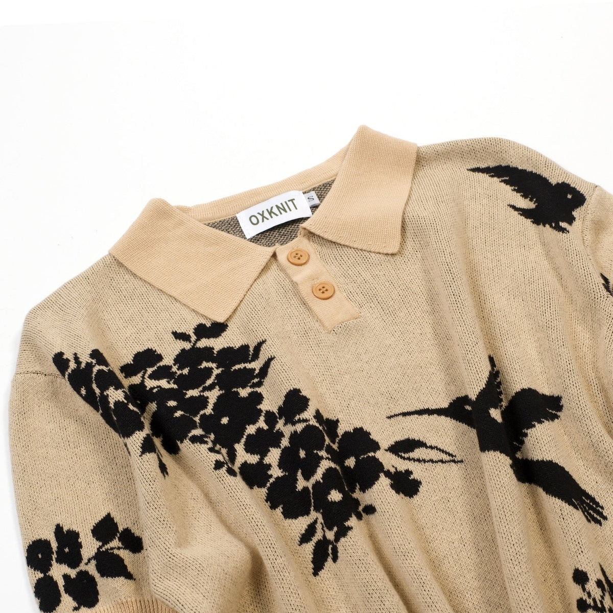 Pull rétro kaki pour homme avec motif d'oiseau et de plante