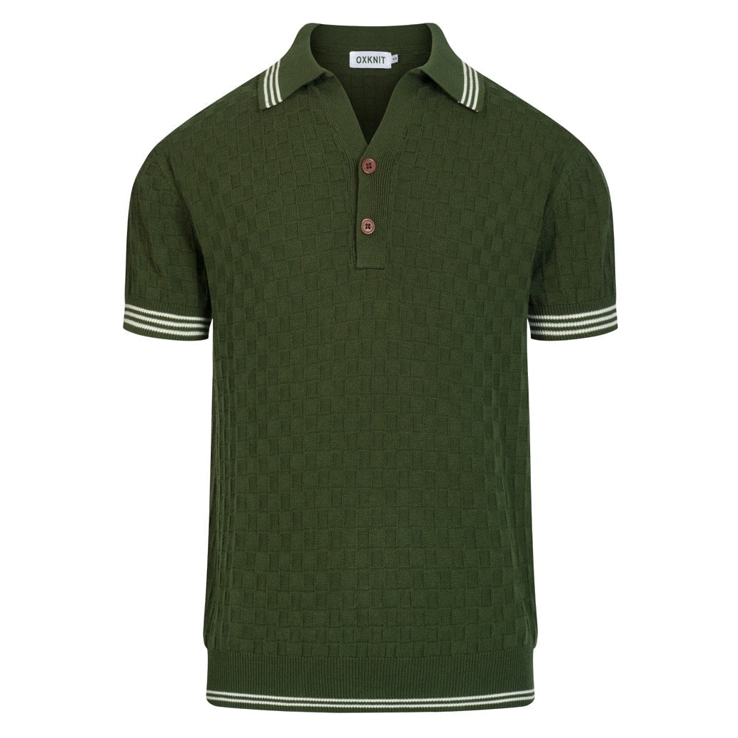 Pull décontracté en tricot pour homme vert, style sportif des années 70, texture en maille
