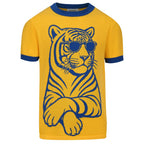 T-shirt tricoté jaune rétro des années 70 pour homme avec motif de tigre ludique