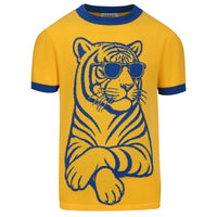 T-shirt tricoté jaune rétro des années 70 pour homme avec motif de tigre ludique