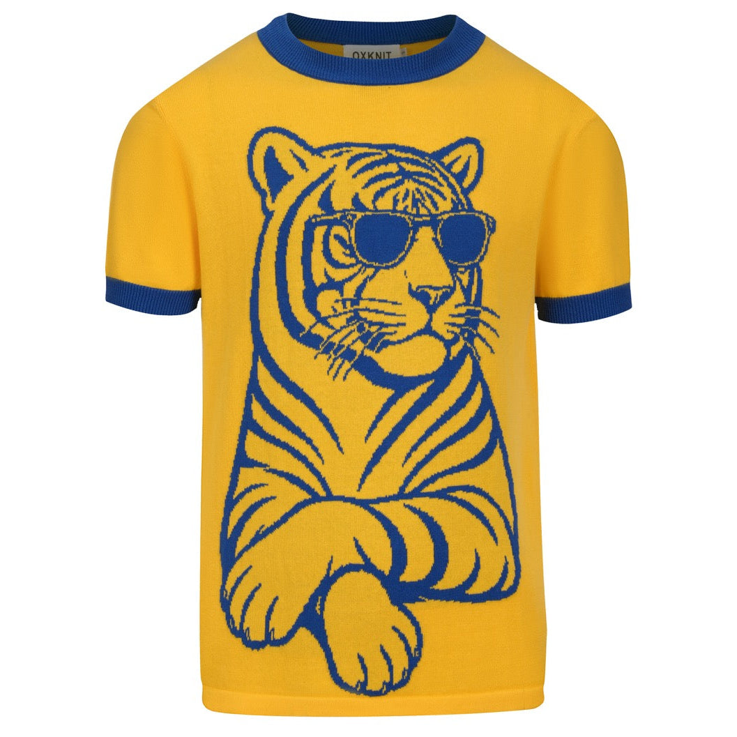T-shirt tricoté jaune rétro des années 70 pour homme avec motif de tigre ludique