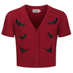 Cardigan en tricot brodé de chauve-souris en dentelle rouge pour femmes - Longueur cropped