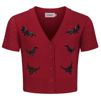 Cardigan en tricot brodé de chauve-souris en dentelle rouge pour femmes - Longueur cropped