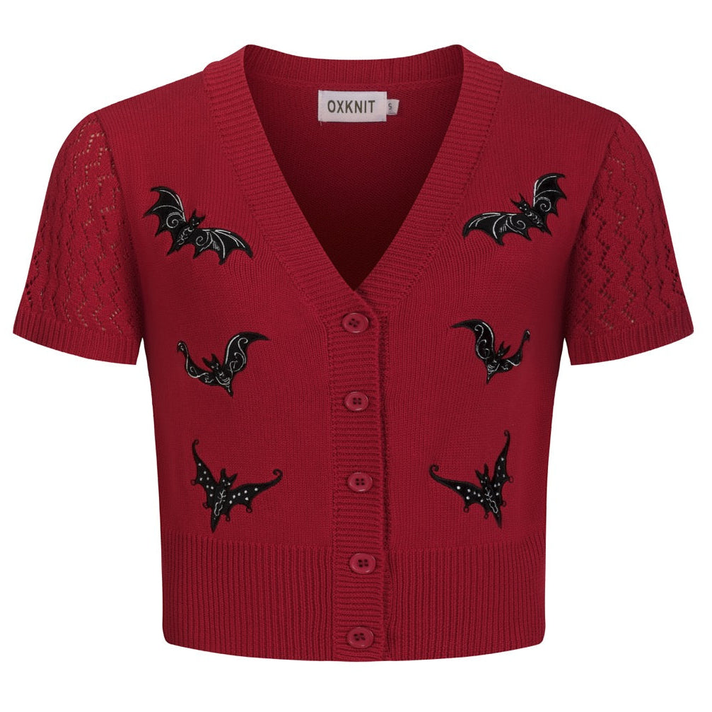 Cardigan en tricot brodé de chauve-souris en dentelle rouge pour femmes - Longueur cropped