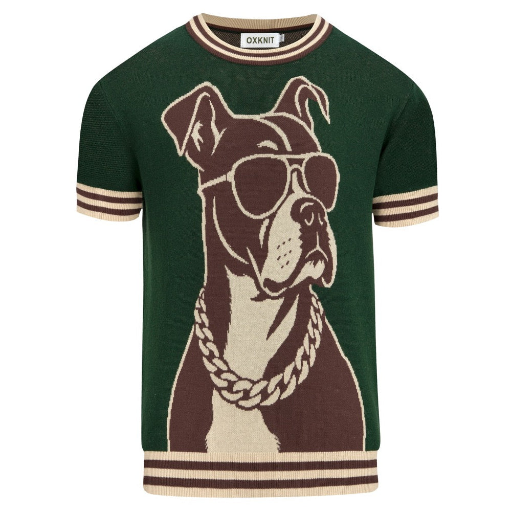 T-shirt vert en maille jacquard pour homme avec motif animalier