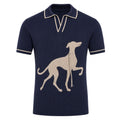 Vintage Polo en Maille Bleu Foncé pour Homme avec Motif Jacquard de Chien