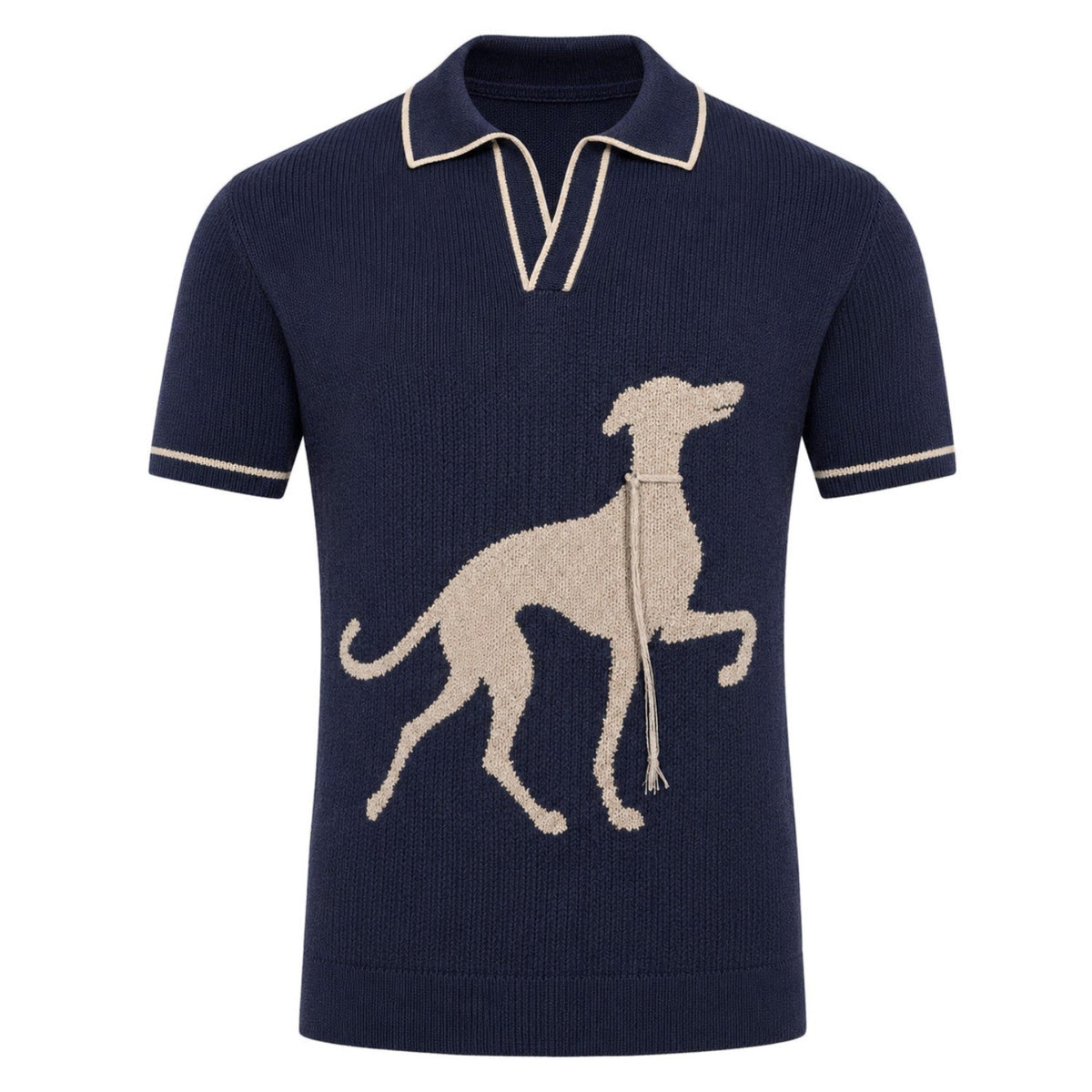 Vintage Polo en Maille Bleu Foncé pour Homme avec Motif Jacquard de Chien