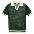 Pull en maille ajourée verte style années 70 pour homme avec col montant