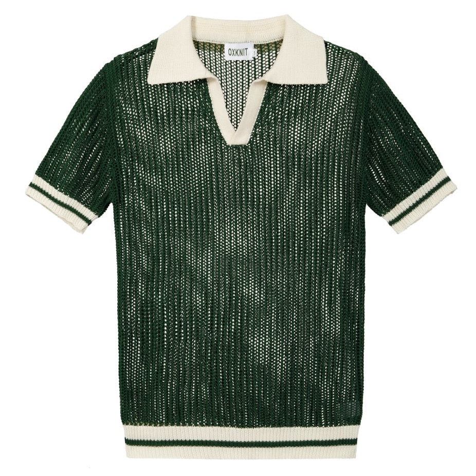 Pull en maille ajourée verte style années 70 pour homme avec col montant