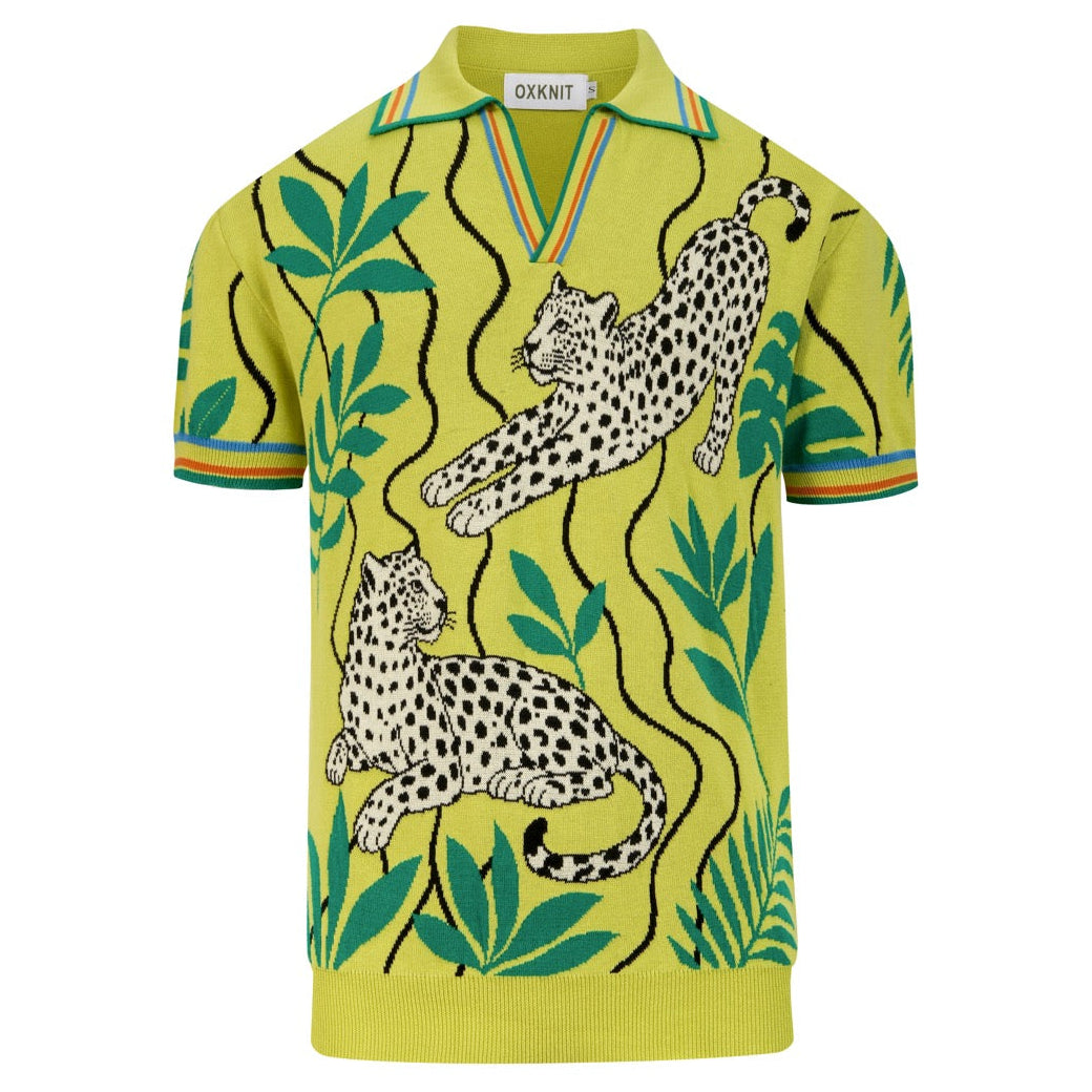 Chemise polo verte à col tricoté pour homme, inspiration tropicale des années 70