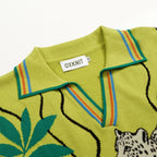 Chemise polo verte à col tricoté pour homme, inspiration tropicale des années 70