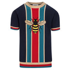 Polo vintage pour homme en maille bleu foncé avec broderie d'insectes