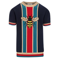 Polo vintage pour homme en maille bleu foncé avec broderie d'insectes