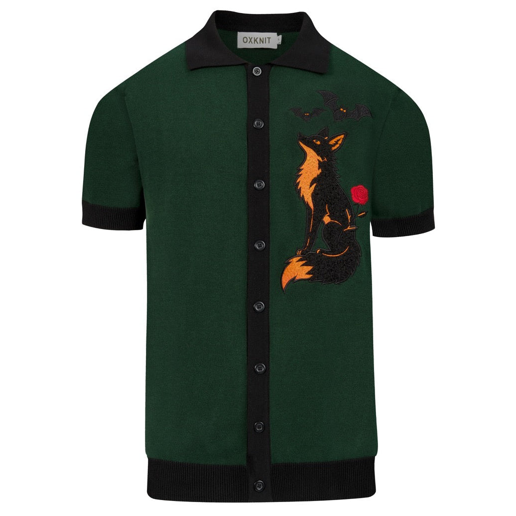 Cardigan vintage en tricot vert foncé pour homme avec broderie de renard et chauve-souris