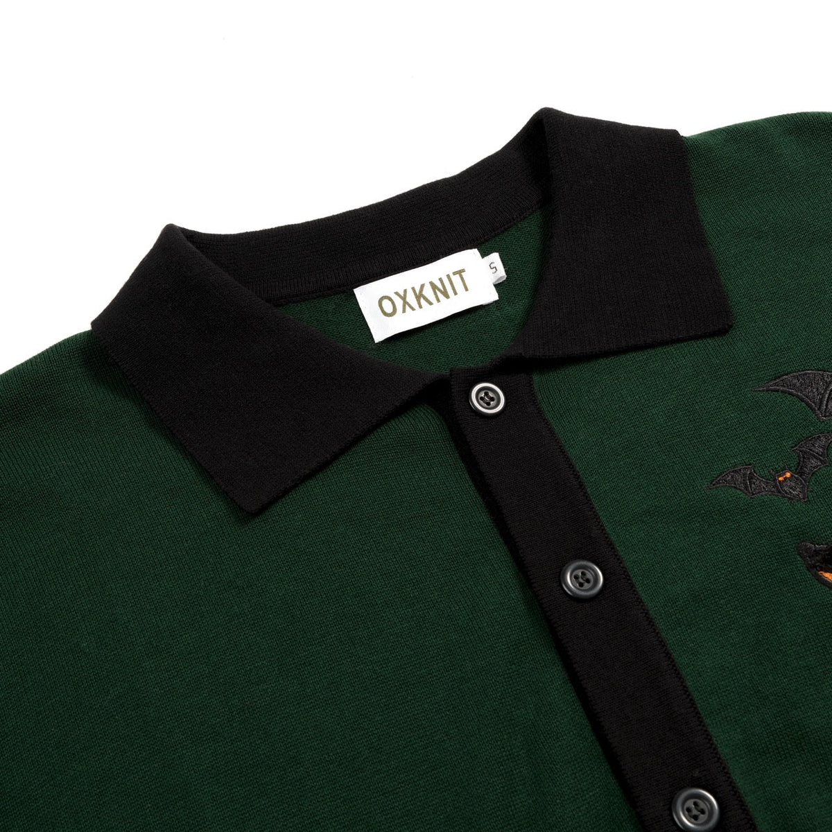 Cardigan vintage en tricot vert foncé pour homme avec broderie de renard et chauve-souris