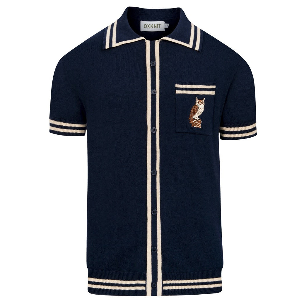 Cardigan Vintage Bleu Foncé pour Homme avec Broderie de Hibou