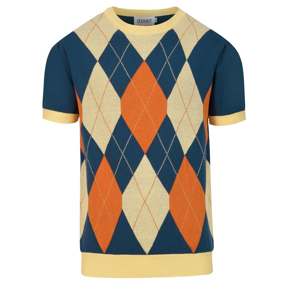 Classique T-shirt bleu pour homme avec motif losange en maille jacquard
