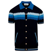 Cardigan rétro en tricot jacquard à rayures zigzag bleu marine pour homme