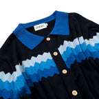 Cardigan rétro en tricot jacquard à rayures zigzag bleu marine pour homme