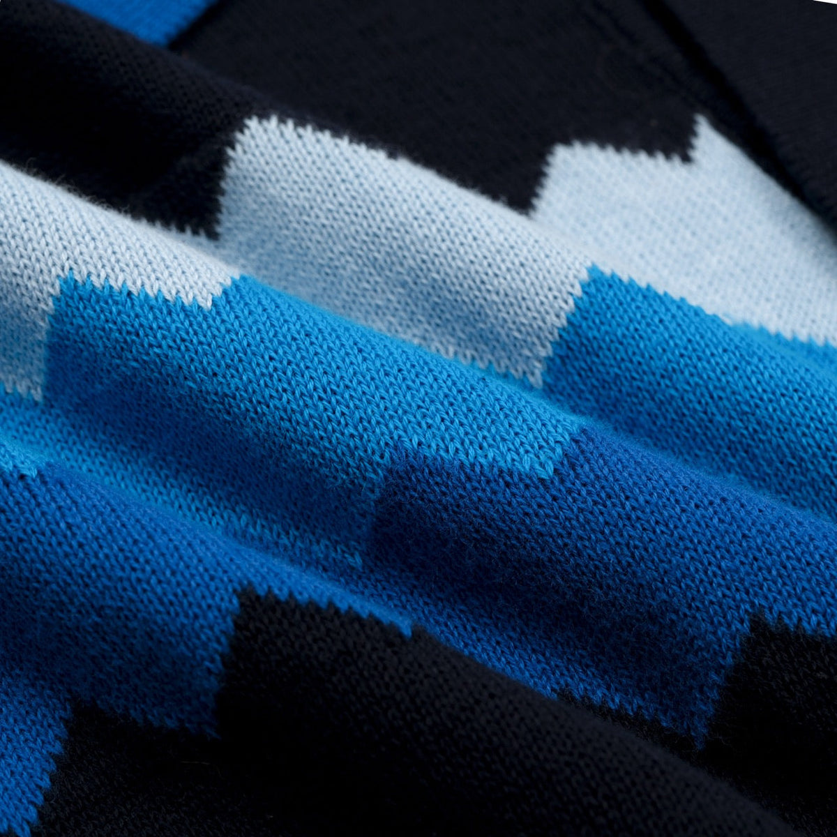Cardigan rétro en tricot jacquard à rayures zigzag bleu marine pour homme