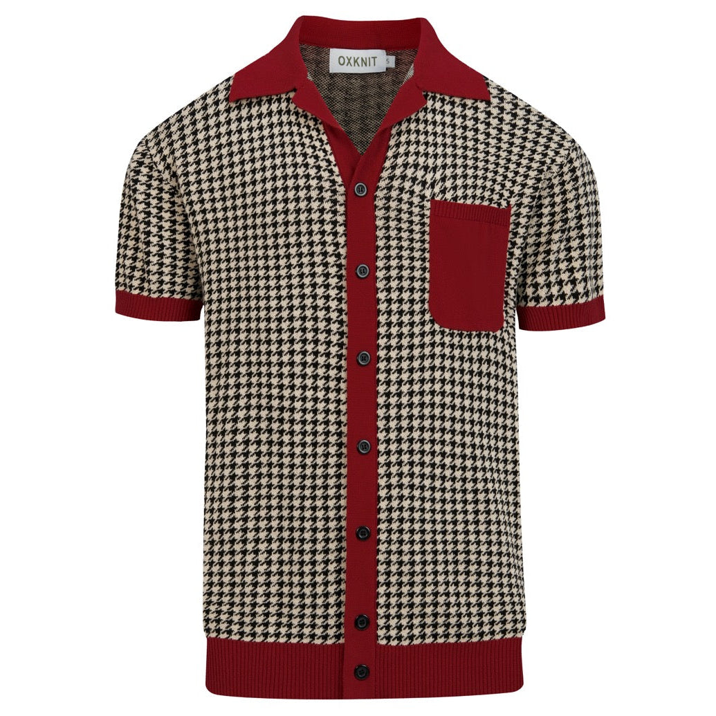 Cardigan vintage pour homme en maille jacquard chevrons bordeaux