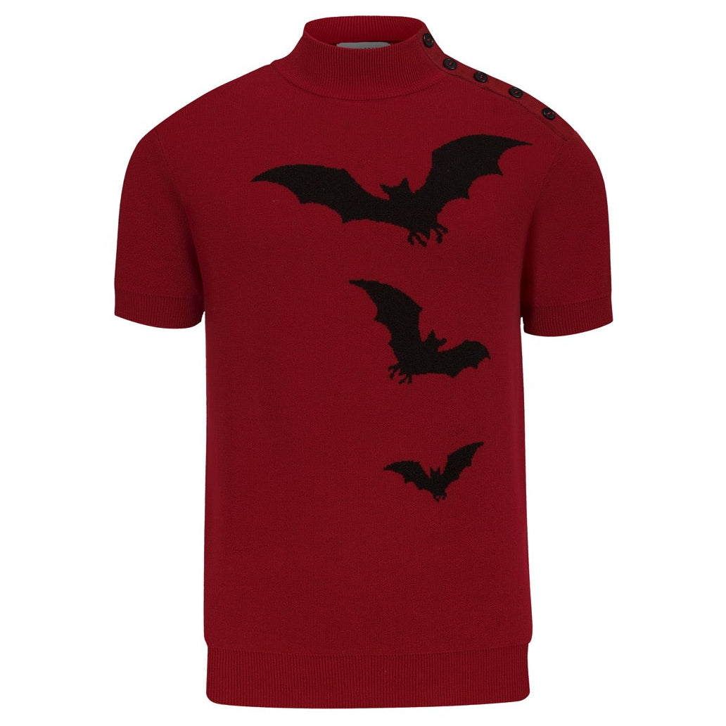 Vintage Rouge Brique T-shirt Homme à Manches Chauve-Souris en Maille Jacquard