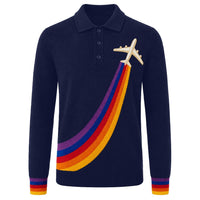 Pull en tricot vintage britannique bleu foncé pour homme avec broderie d'avion