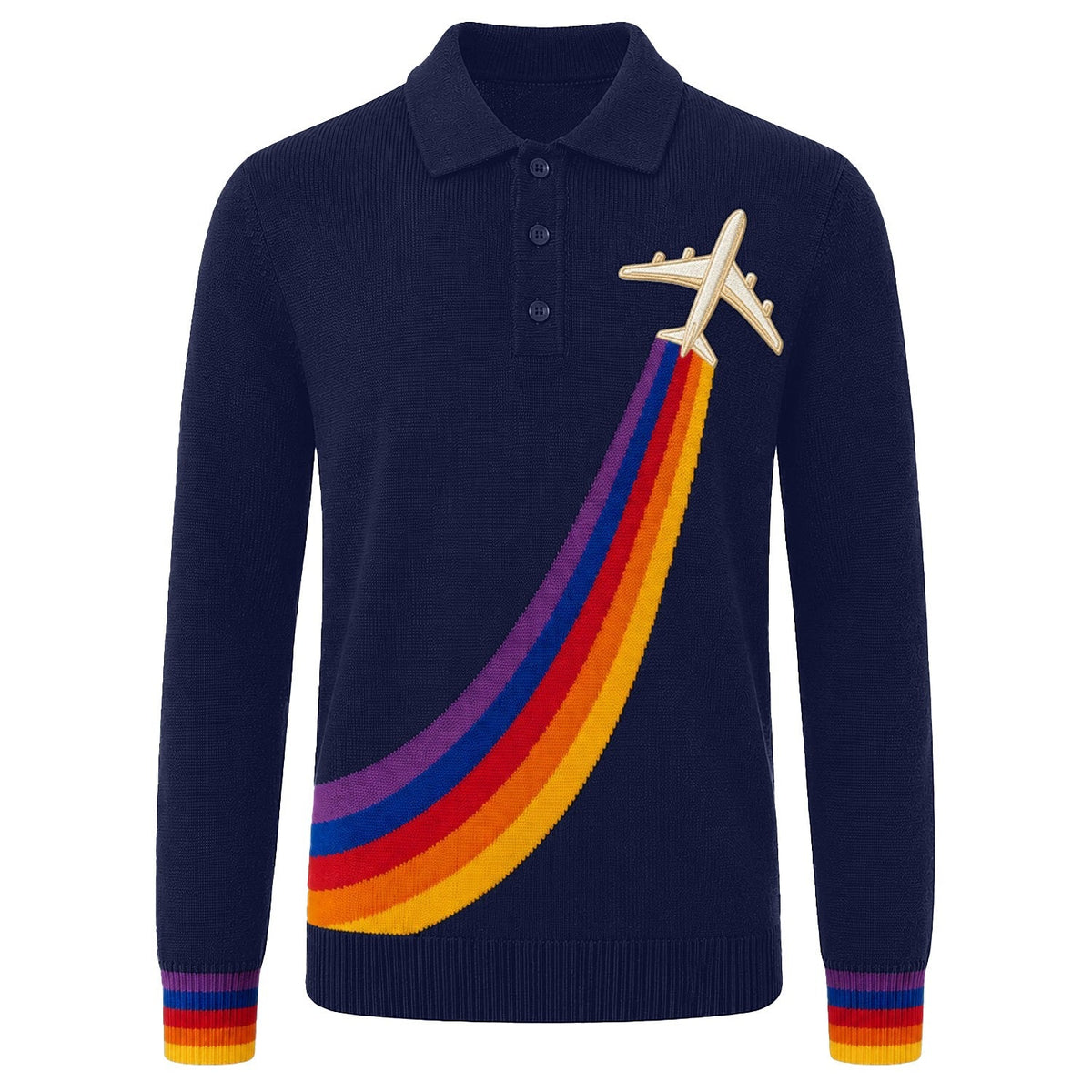 Pull en tricot vintage britannique bleu foncé pour homme avec broderie d'avion