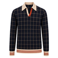 Classique Polo en Tricot à Carreaux Bleu Foncé Rétro pour Homme