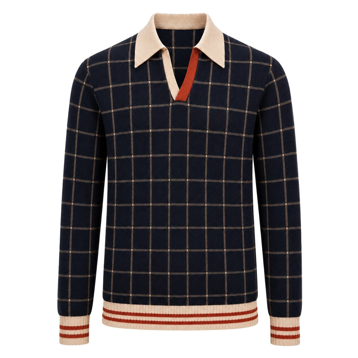 Classique Polo en Tricot à Carreaux Bleu Foncé Rétro pour Homme