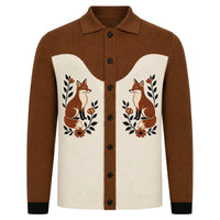 Cardigan vintage marron britannique pour homme avec motif brodé de renard