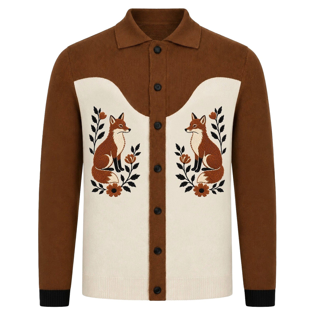Cardigan vintage marron britannique pour homme avec motif brodé de renard