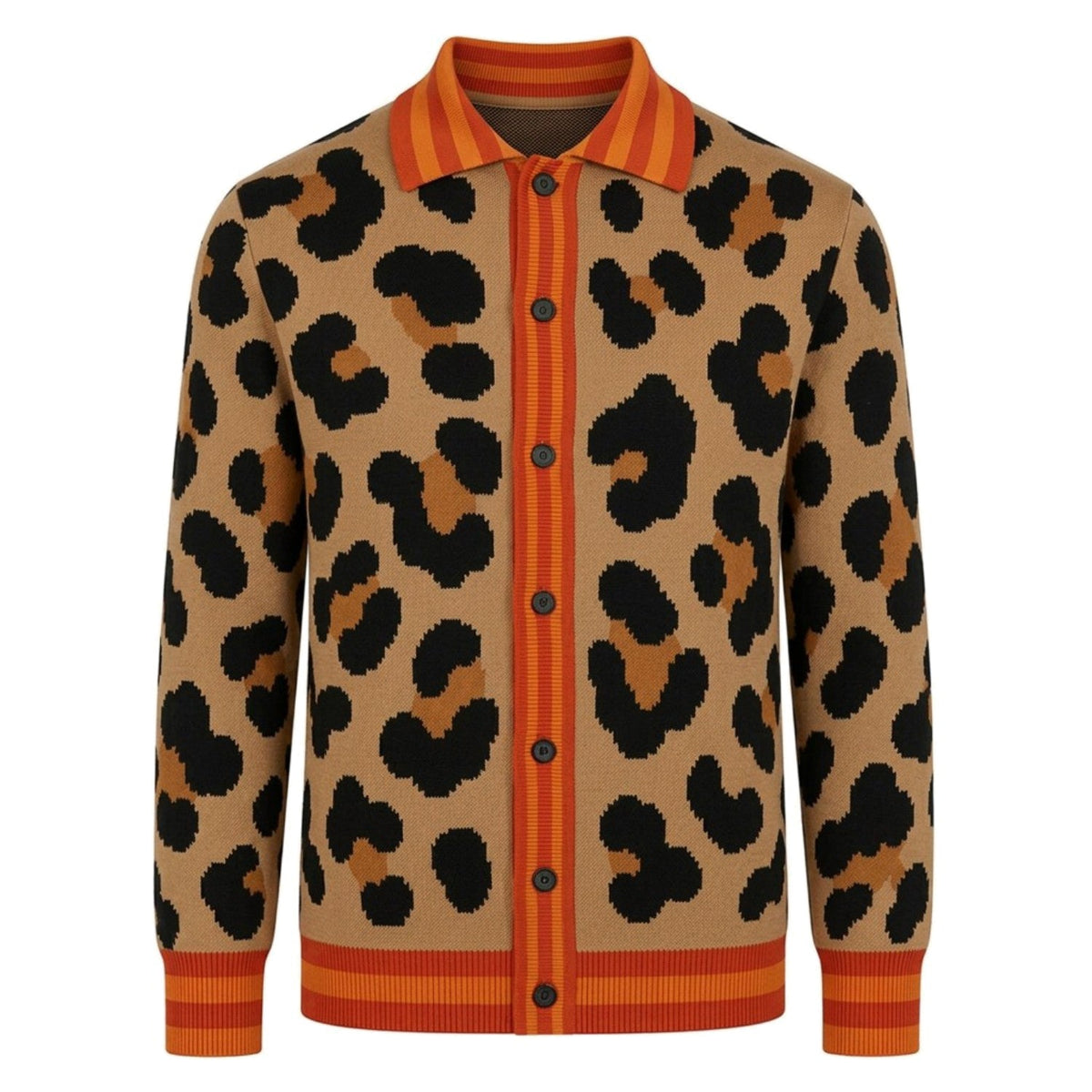 Cardigan Vintage Marron à Motif Léopard pour Homme