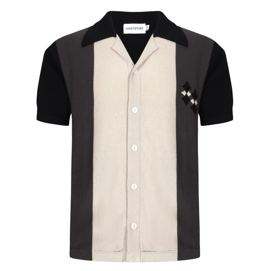 Chemise à boutons en maille noire et grise pour homme – Style années 60 avec détail en diamant sur la poitrine