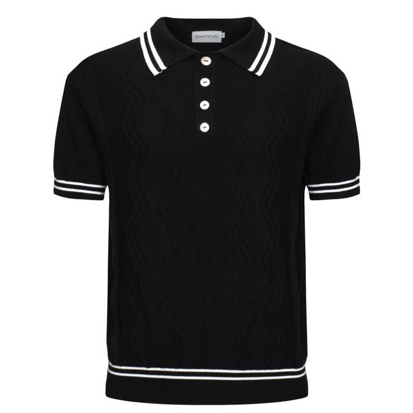 Polo noir à côtes torsadées pour homme – Chemise à manches courtes au style mod des années 60