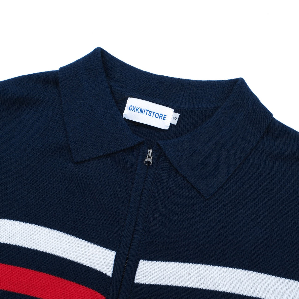 Veste rétro en maille des années 70 pour hommes – Marine vintage avec rayures rouges et blanches à fermeture éclair