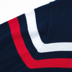 Veste rétro en maille des années 70 pour hommes – Marine vintage avec rayures rouges et blanches à fermeture éclair