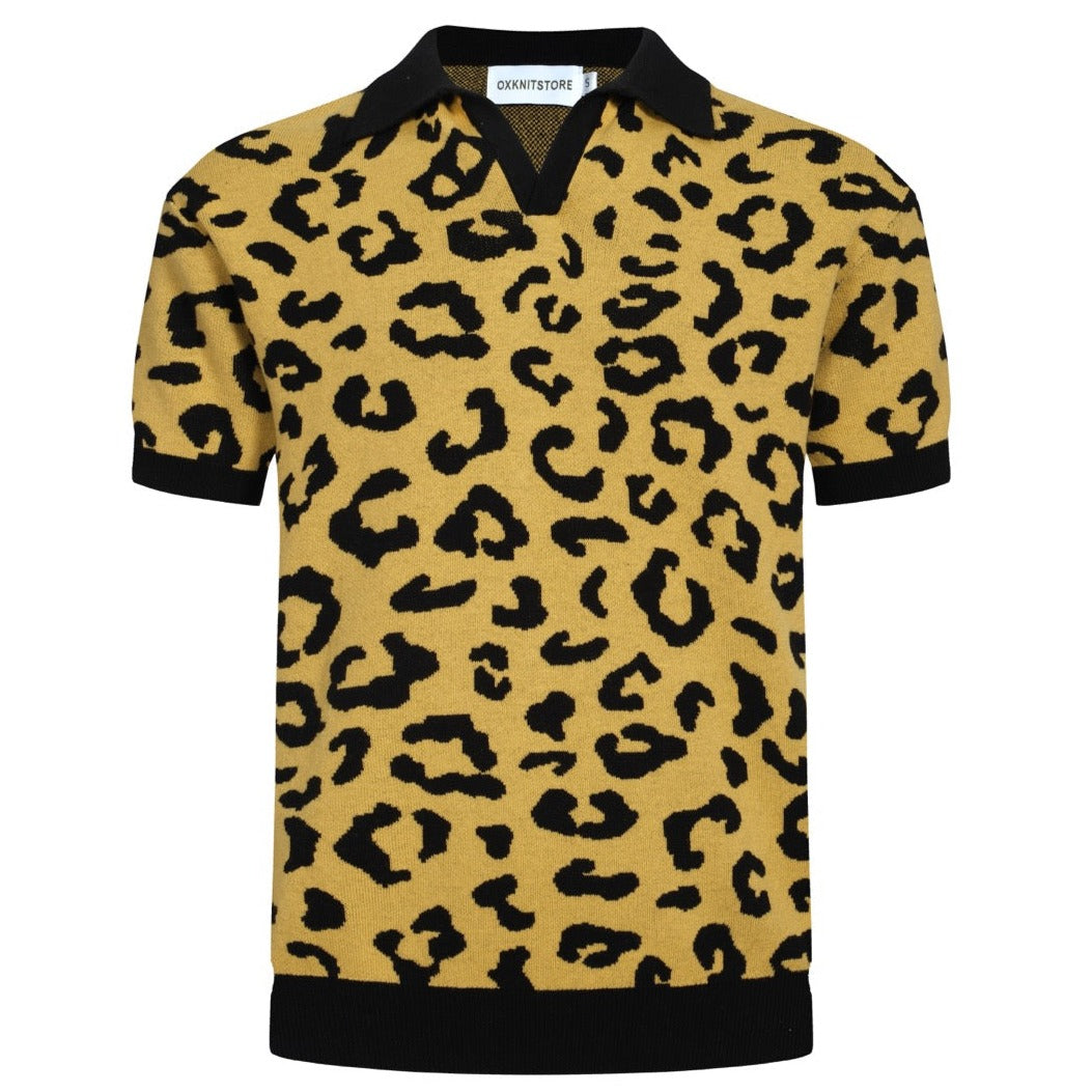 Pull en tricot pour homme années 60 - Motif léopard audacieux en jaune vif