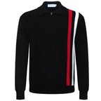 Veste rétro en maille des années 70 pour hommes – Noir vintage avec rayures verticales rouges et blanches, à fermeture éclair
