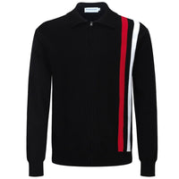 Veste rétro en maille des années 70 pour hommes – Noir vintage avec rayures verticales rouges et blanches, à fermeture éclair