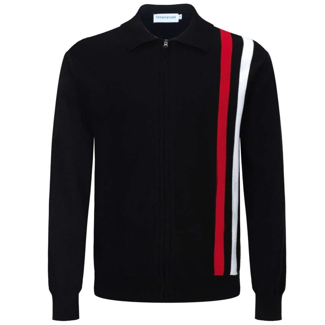 Veste rétro en maille des années 70 pour hommes – Noir vintage avec rayures verticales rouges et blanches, à fermeture éclair