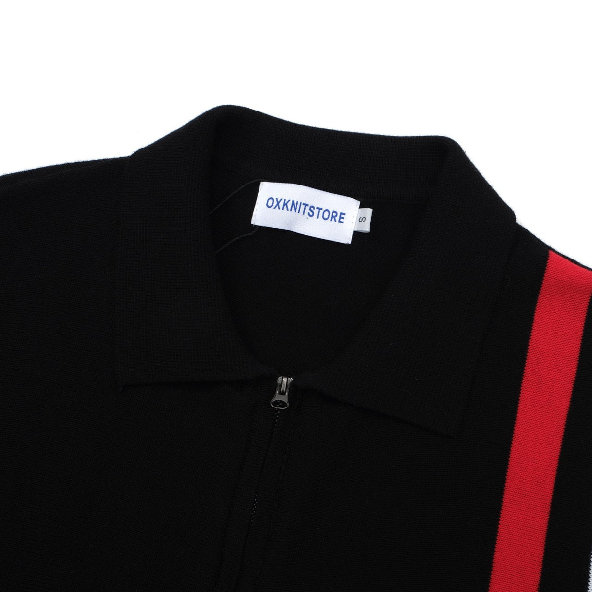 Veste rétro en maille des années 70 pour hommes – Noir vintage avec rayures verticales rouges et blanches, à fermeture éclair