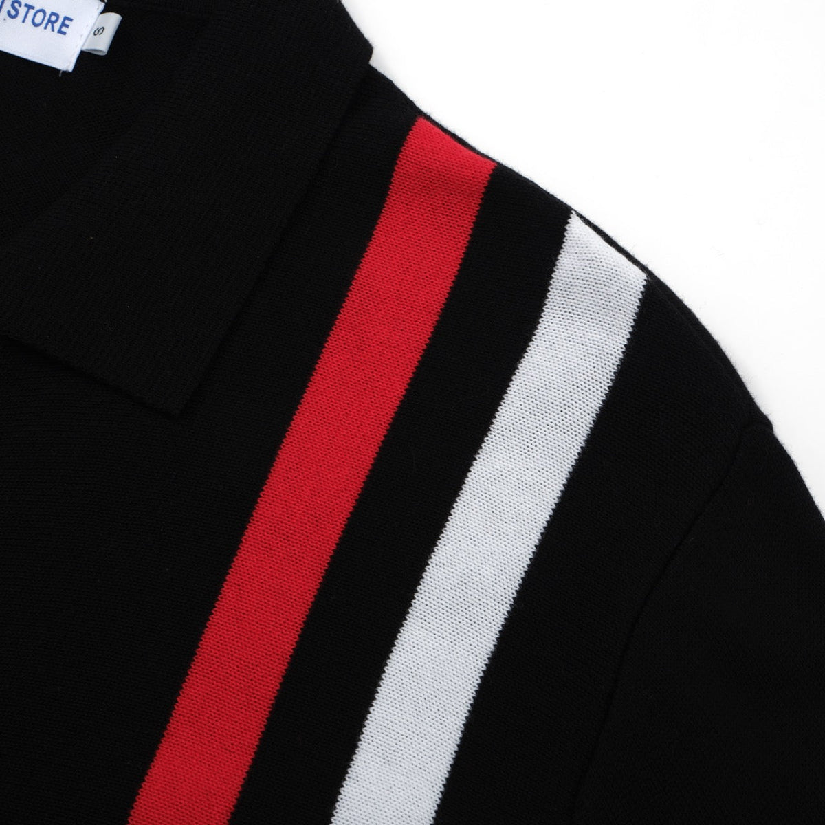 Veste rétro en maille des années 70 pour hommes – Noir vintage avec rayures verticales rouges et blanches, à fermeture éclair