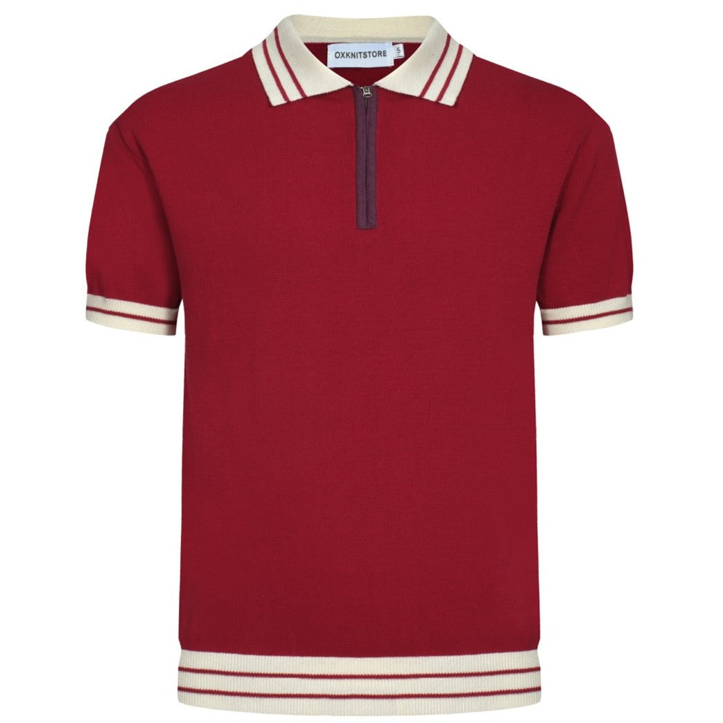 Pull zippé en tricot rouge style années 60 pour homme – Chemise rétro décontractée avec bordures contrastées