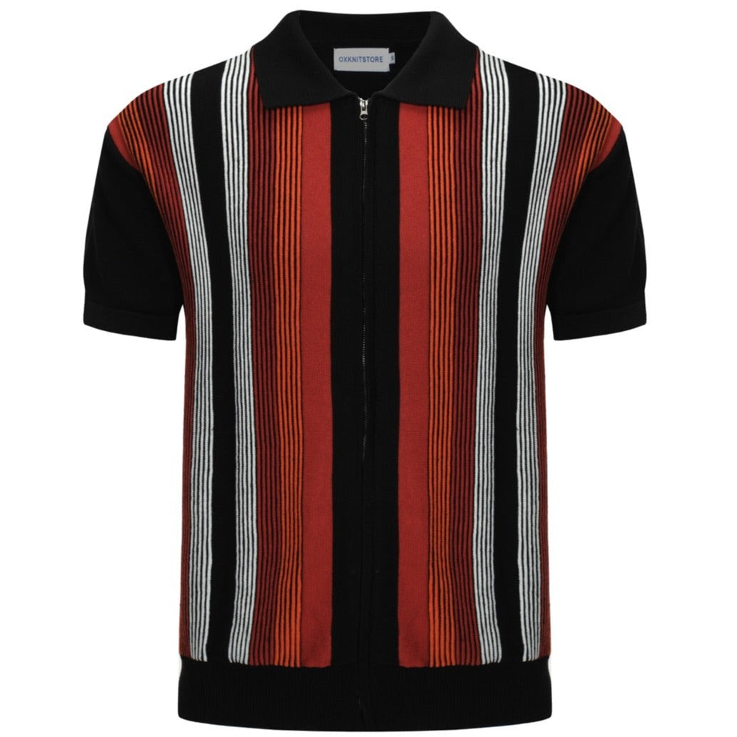 Pull zippé à rayures rétro pour homme – Style années 60 en rouge foncé et noir