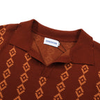 Chemise rétro en tricot des années 70 pour homme – Polo à manches courtes géométrique en teintes rouille et orange